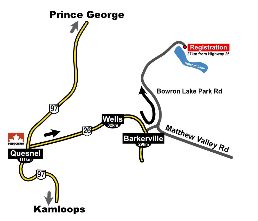 Road map showing the route from Quesnel through Wells to Bowron Lake Provincial Park