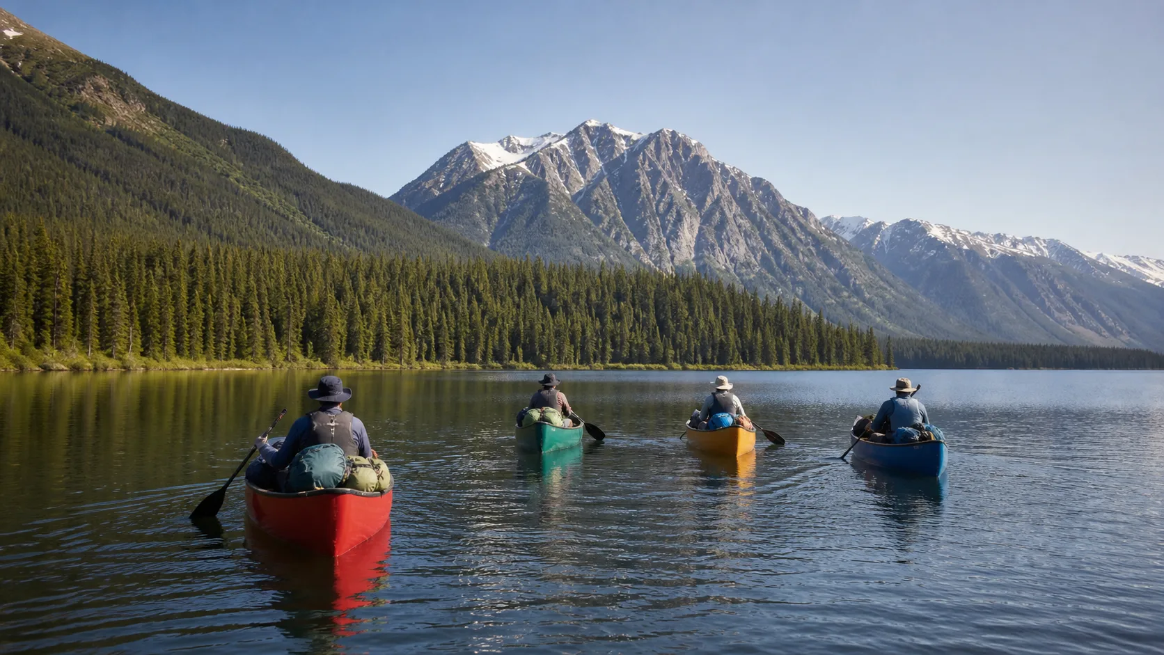 Four canoes paddling together across a calm lake on the Bowron Lake Circuit