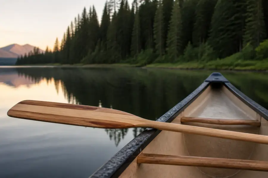 A paddle resting across a canoe on still water at first light on Bowron Lake