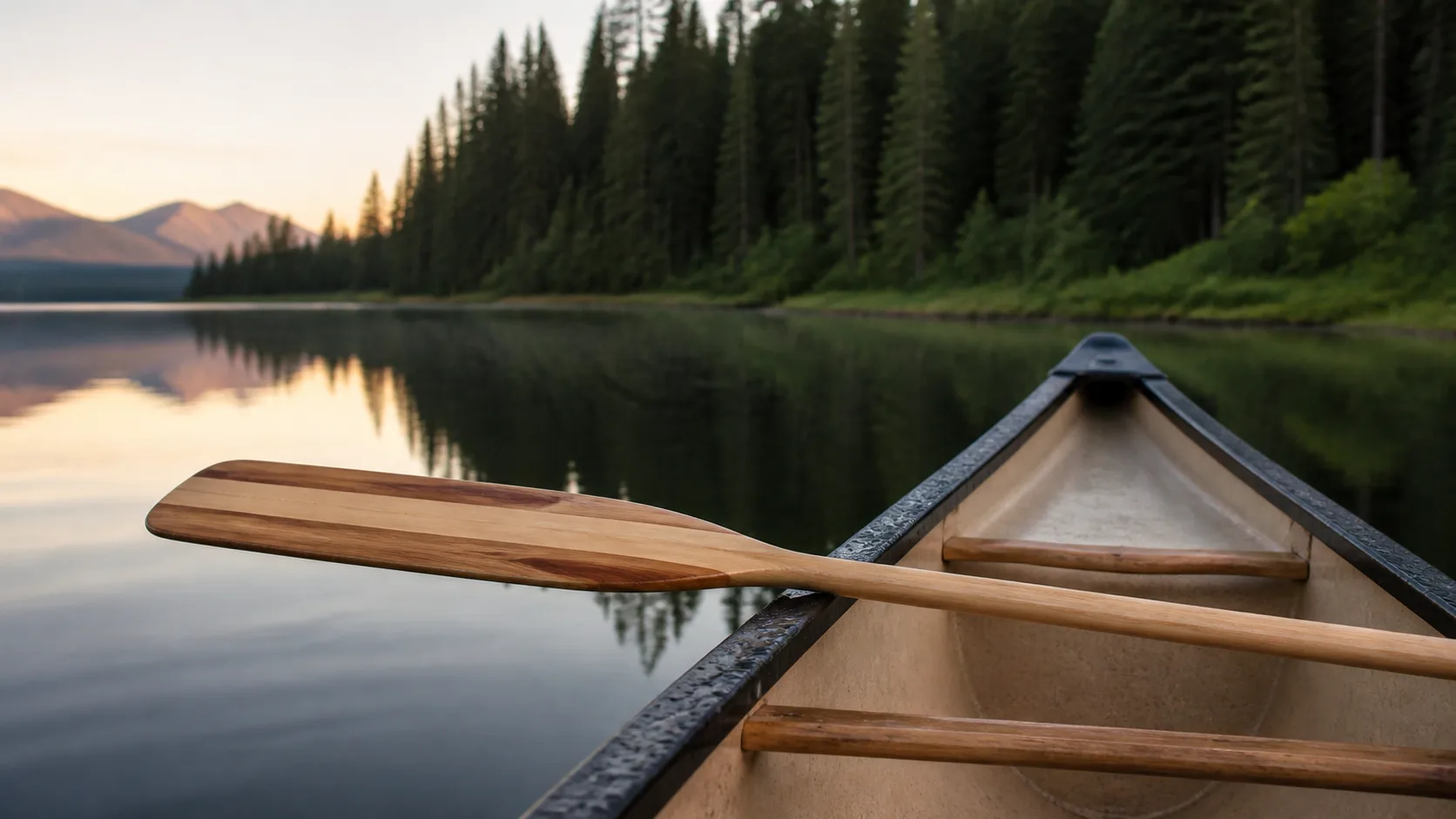 A paddle resting across a canoe on still water at first light on Bowron Lake