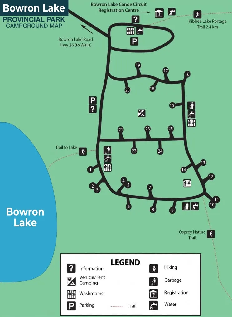 Bowron Lake Provincial Park campground map showing 25 numbered sites, trails and facilities