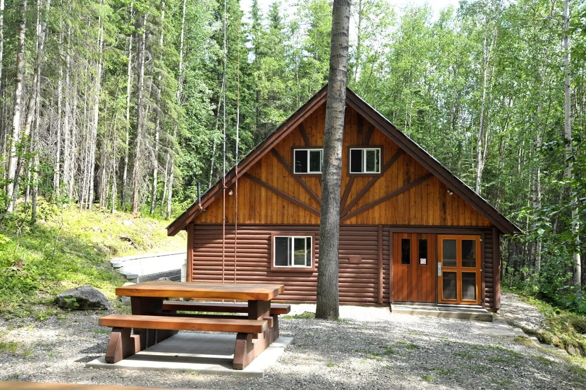 The Bowron Lake Registration Centre log building at the circuit trailhead