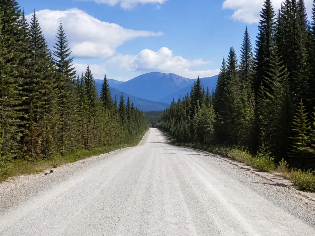 The wide gravel Bowron Lake Road running through forest toward the park