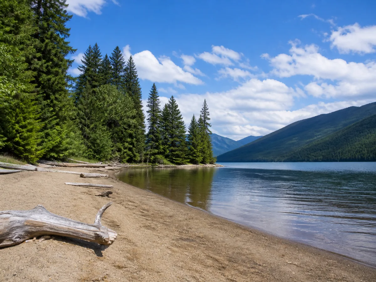 The wide sandy beach on the shore of Sandy Lake