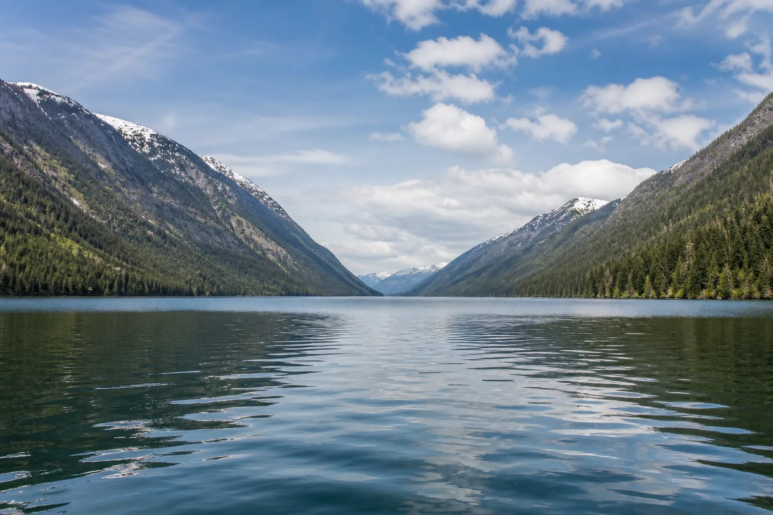 The long arm of Isaac Lake stretching away between steep forested walls