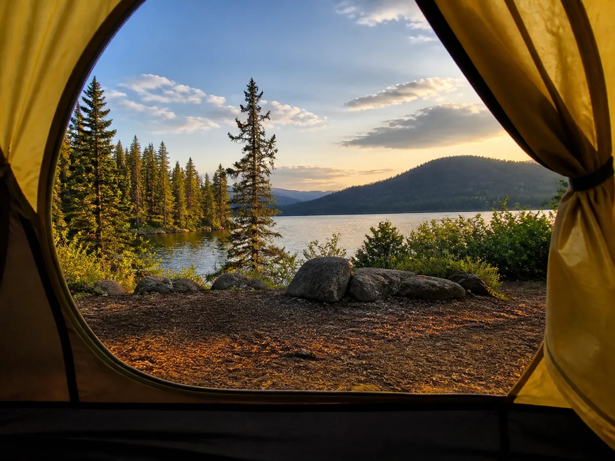 View from inside a tent looking out over a wilderness campsite at Bowron Lake
