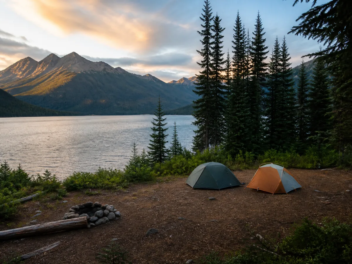 Tents pitched at a lakeside campsite on the Bowron Lake Circuit in the evening