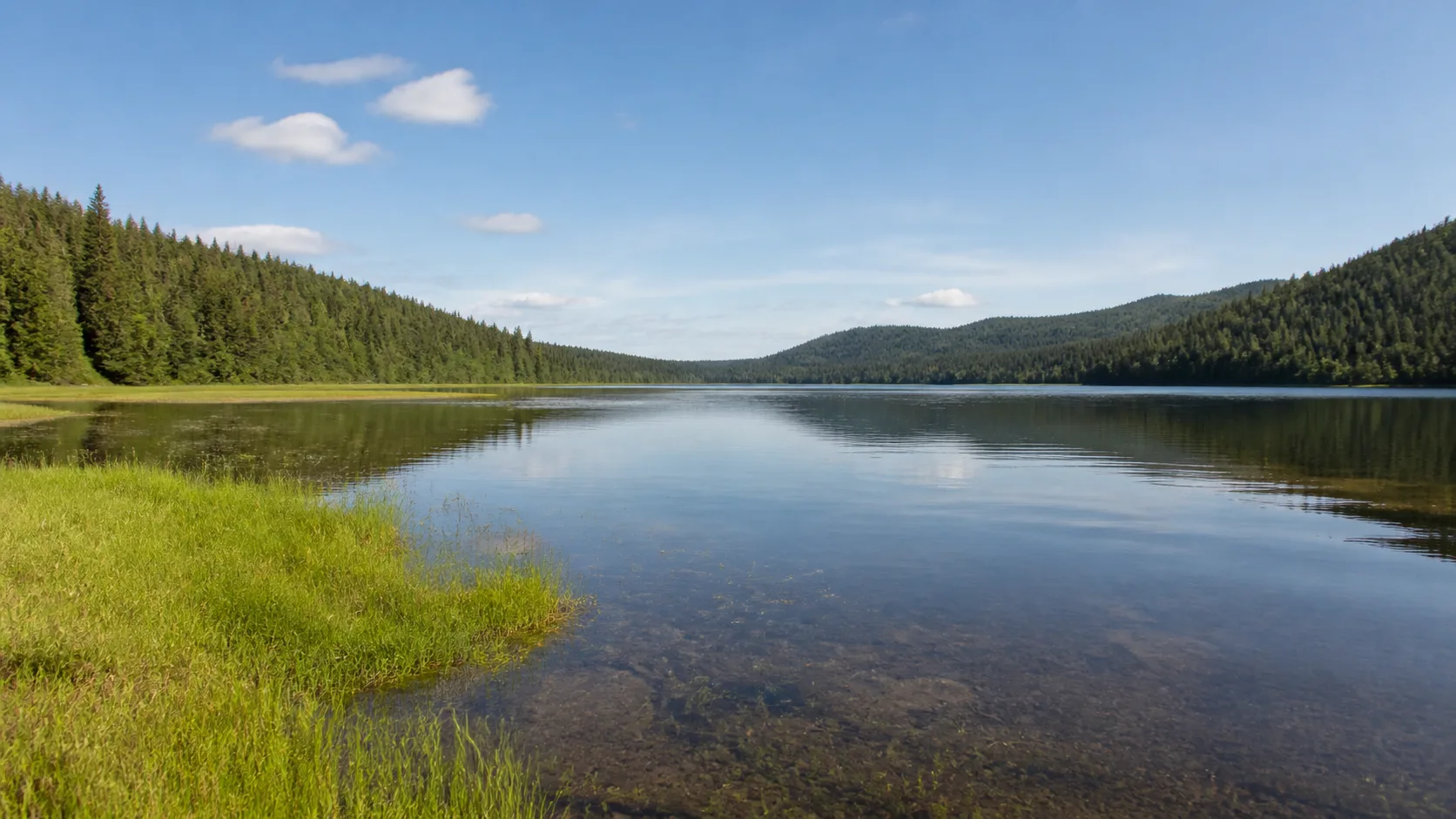 Calm sheltered water and low forested hills on the west side of the Bowron Lake Circuit