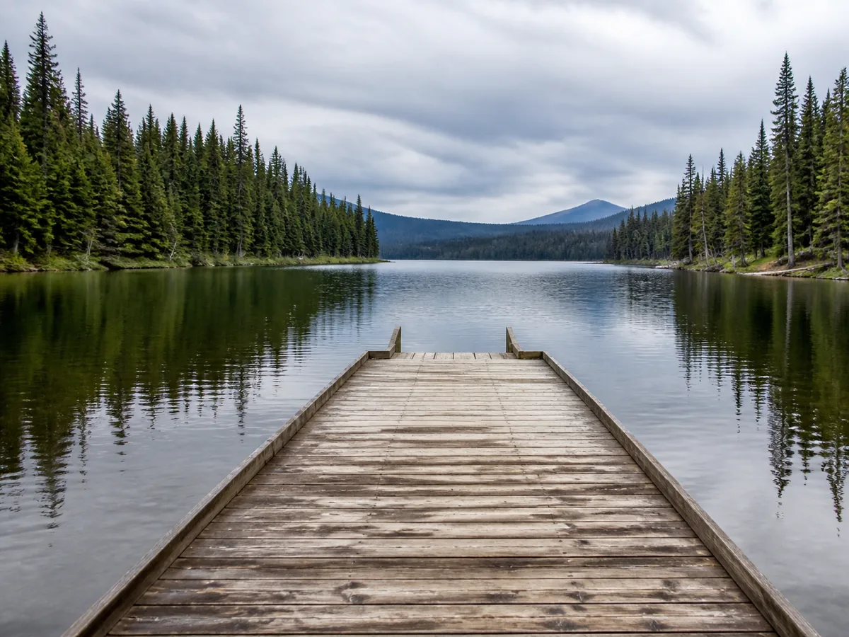 Wooden dock reaching into a calm tree-lined lake at Bowron Lake